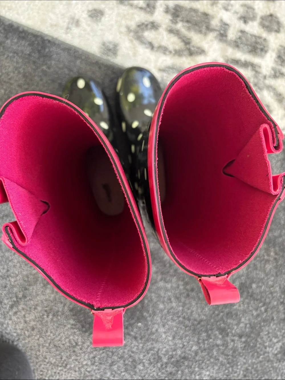 Capelli of New York Black Polka Dot Rain Boots with Pink Trim, worn once.